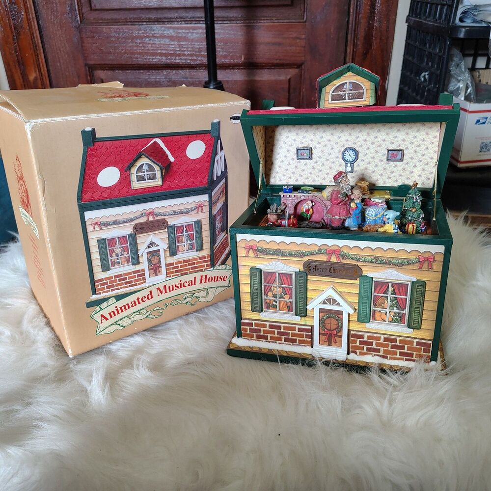 Animated Musical VTG House Christmas Decoration Key Wind Music Box Santa